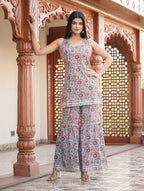 Kaajh Women's Sky Blue Floral Printed Kurta With Sharara | Grocsy