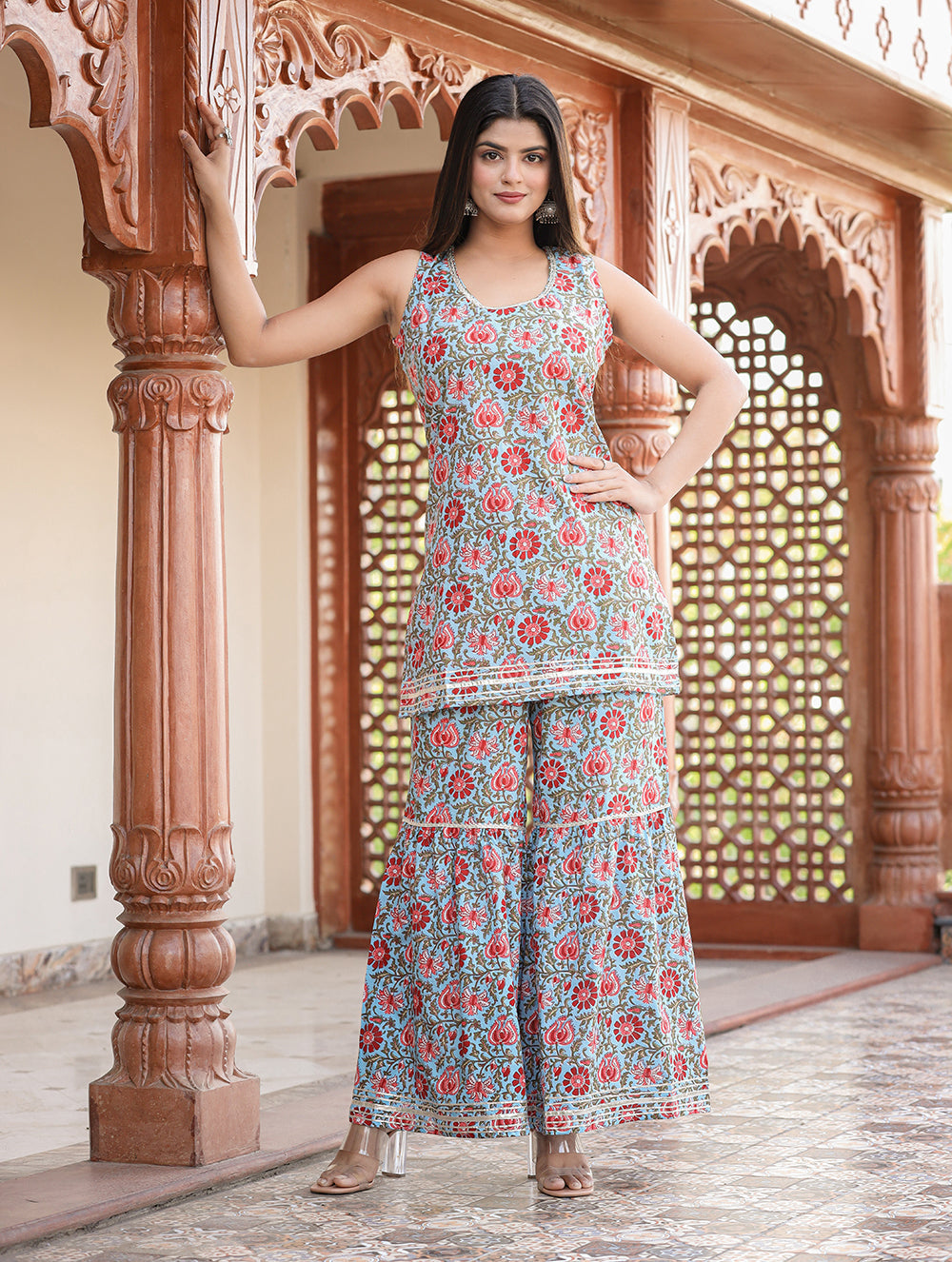 Kaajh Women's Sky Blue Floral Printed Kurta With Sharara | Grocsy
