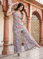 Kaajh Women's Sky Blue Floral Printed Kurta With Sharara | Grocsy