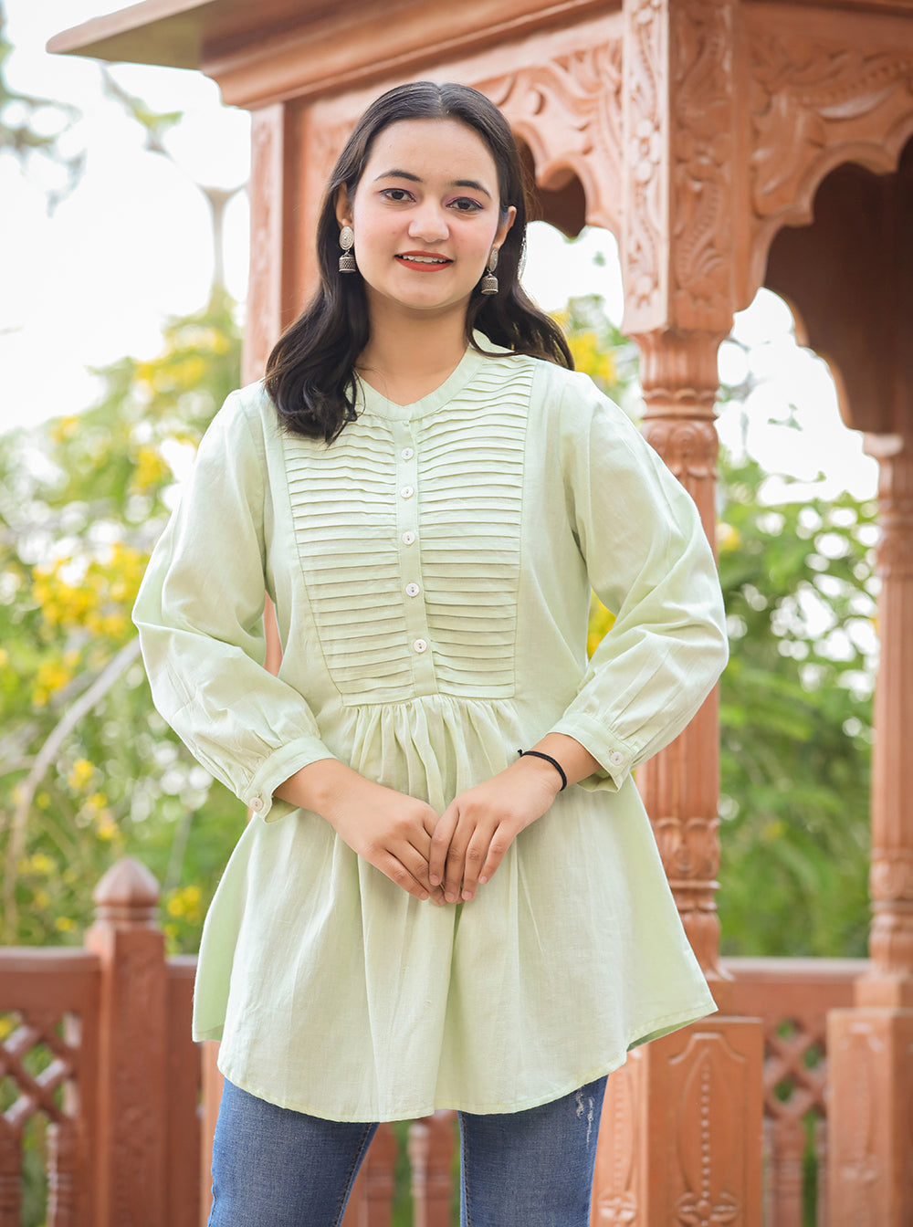 Kaajh Women's Pastel Green Cotton Tunic Top | Grocsy
