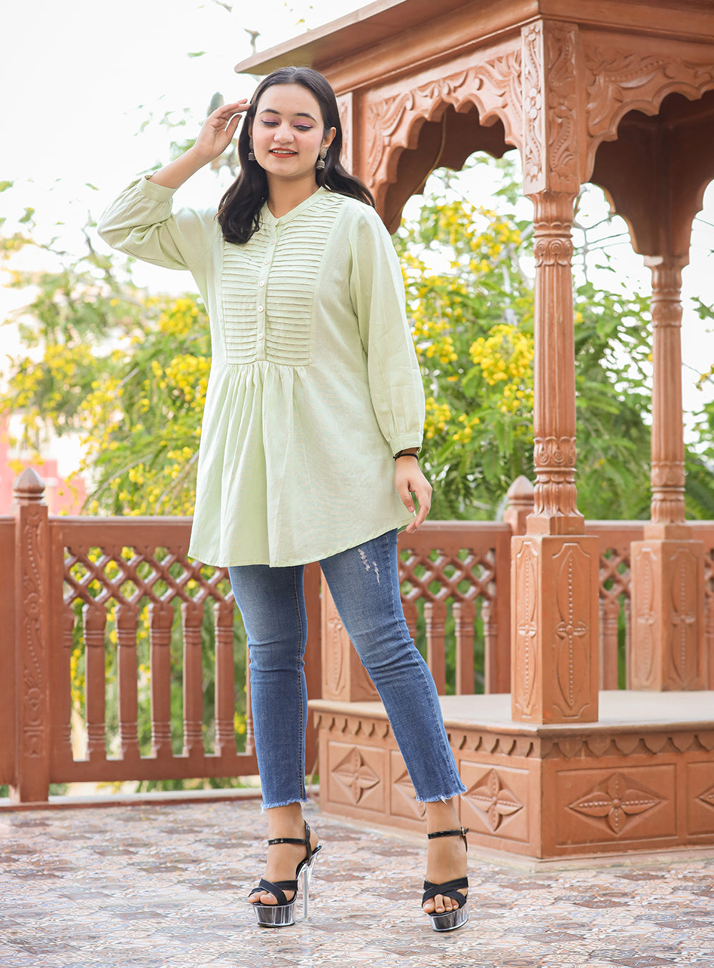 Kaajh Women's Pastel Green Cotton Tunic Top | Grocsy