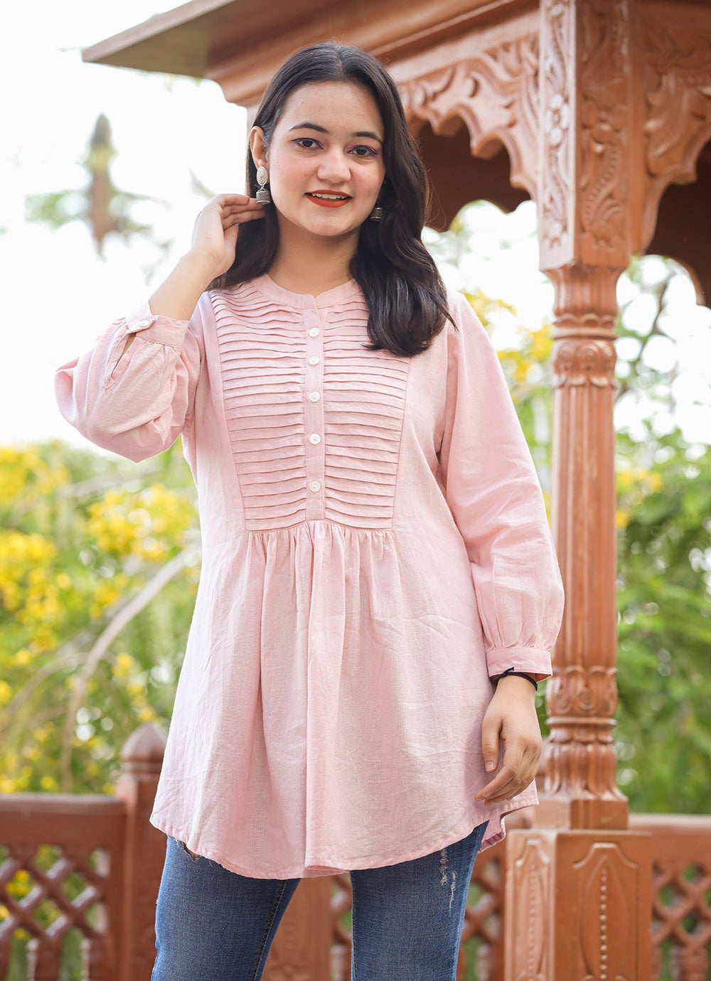 Kaajh Women's Pastel Peach Cotton Tunic Top | Grocsy