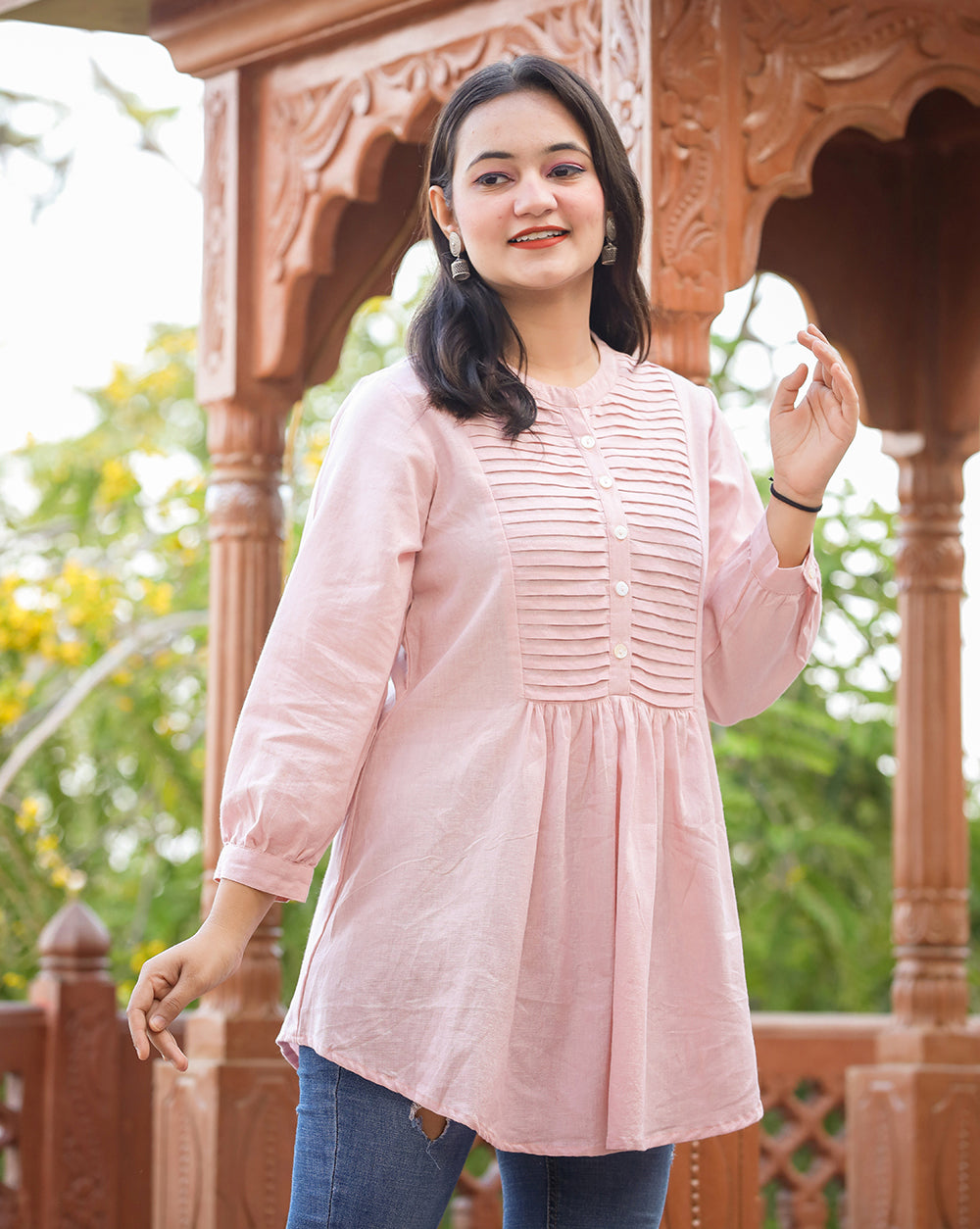 Kaajh Women's Pastel Peach Cotton Tunic Top | Grocsy