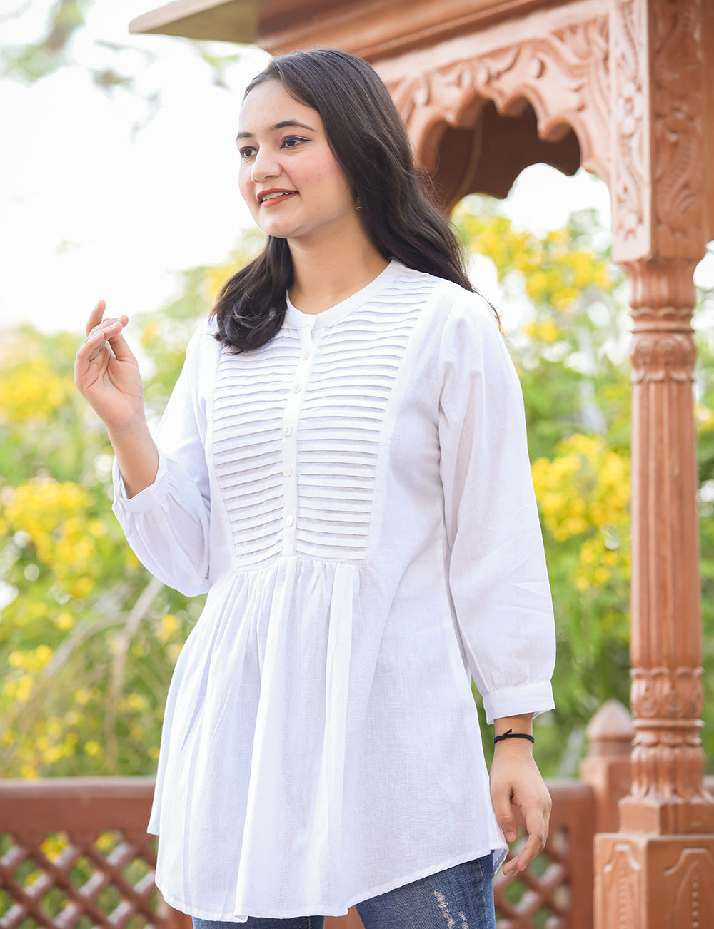 Kaajh Women's Pastel White Cotton Tunic Top | Grocsy