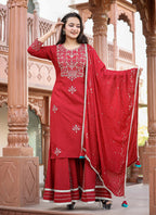 Kaajh Women's Red Rayon Embroidered Kurta Sharara Set With Dupatta | Grocsy