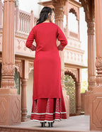 Kaajh Women's Red Rayon Embroidered Kurta Sharara Set With Dupatta | Grocsy