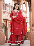 Kaajh Women's Red Rayon Embroidered Kurta Sharara Set With Dupatta | Grocsy
