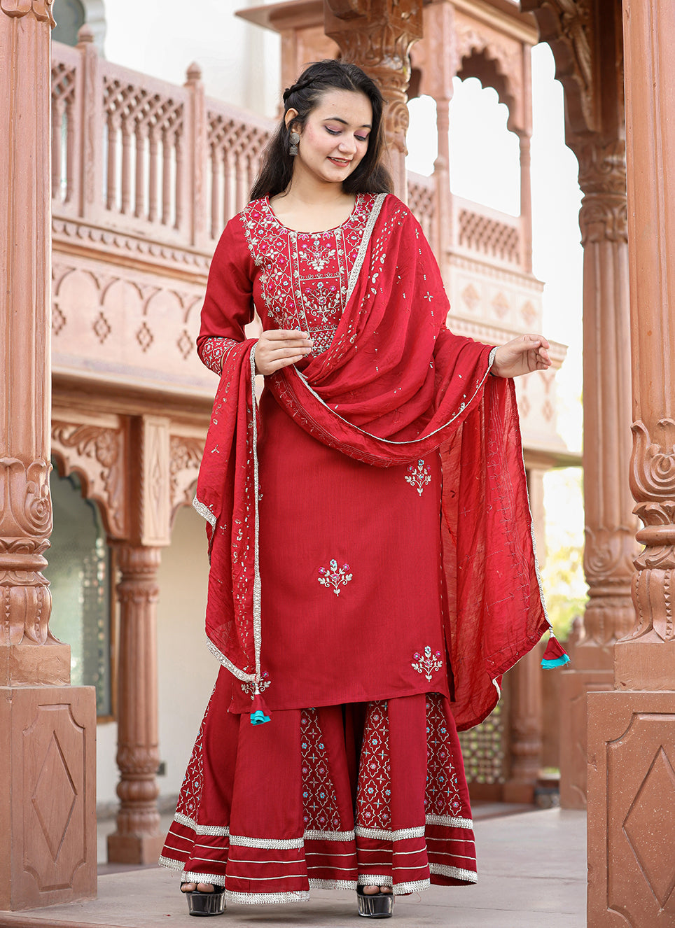 Kaajh Women's Red Rayon Embroidered Kurta Sharara Set With Dupatta | Grocsy