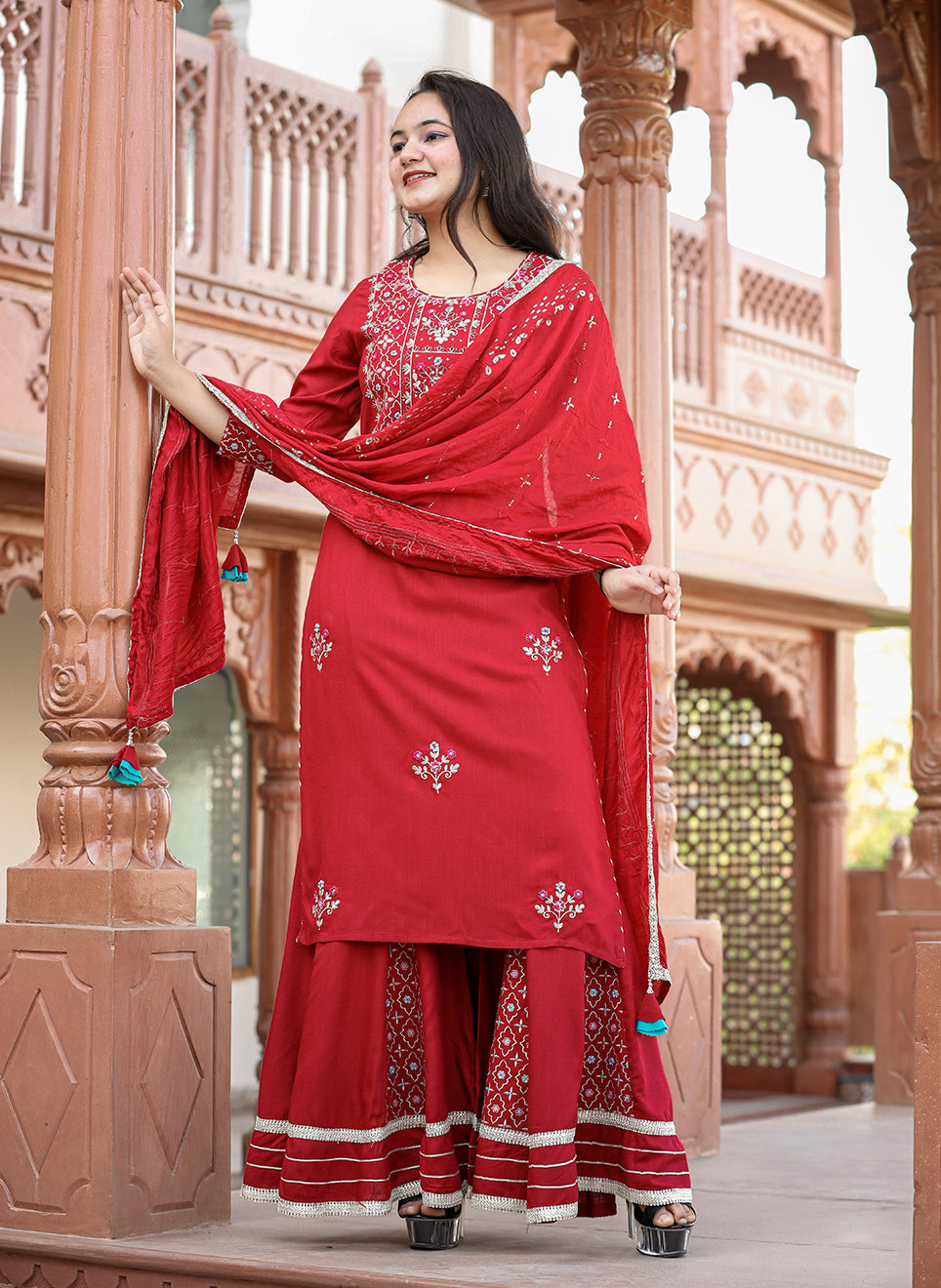 Kaajh Women's Red Rayon Embroidered Kurta Sharara Set With Dupatta | Grocsy