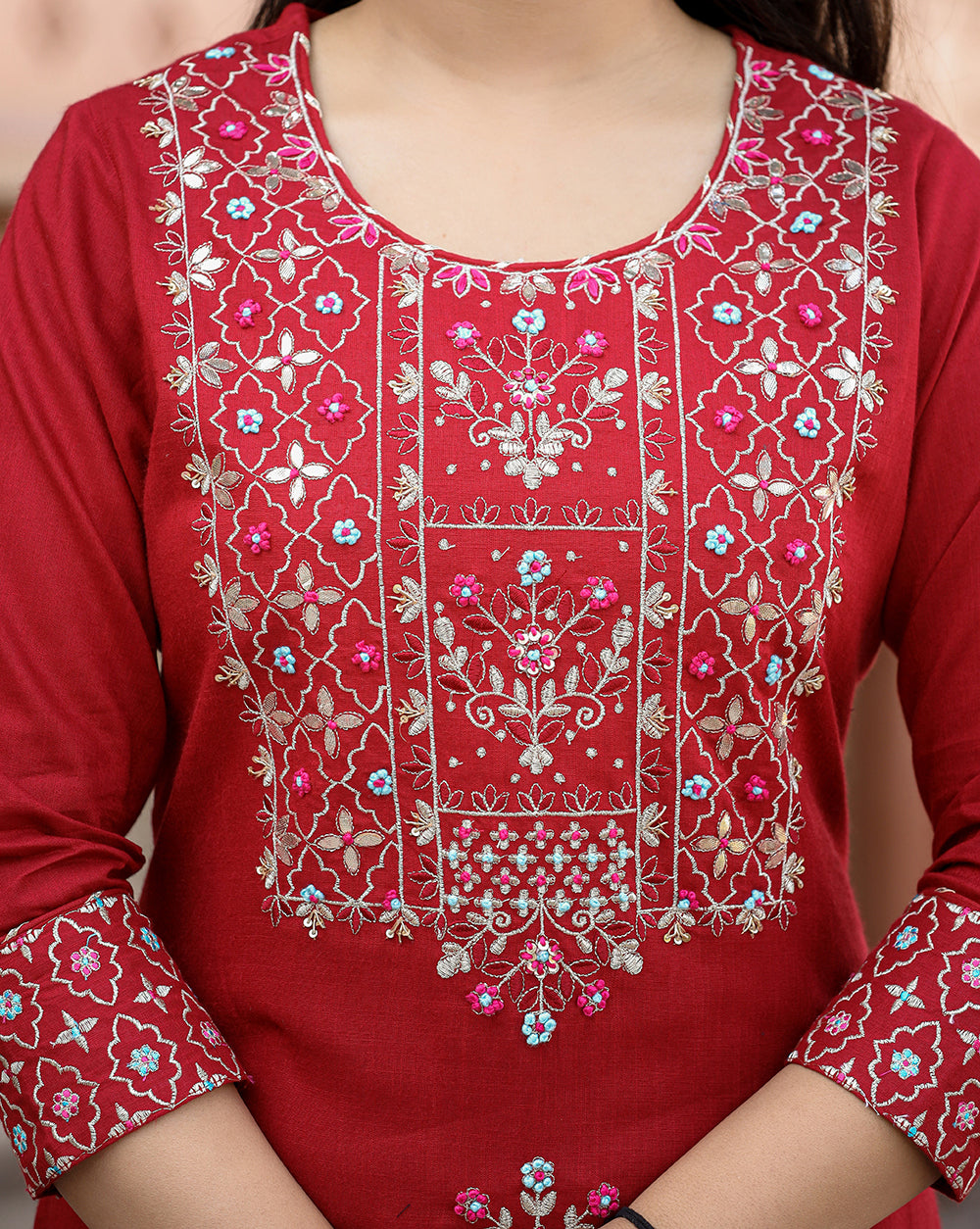 Kaajh Women's Red Rayon Embroidered Kurta Sharara Set With Dupatta | Grocsy