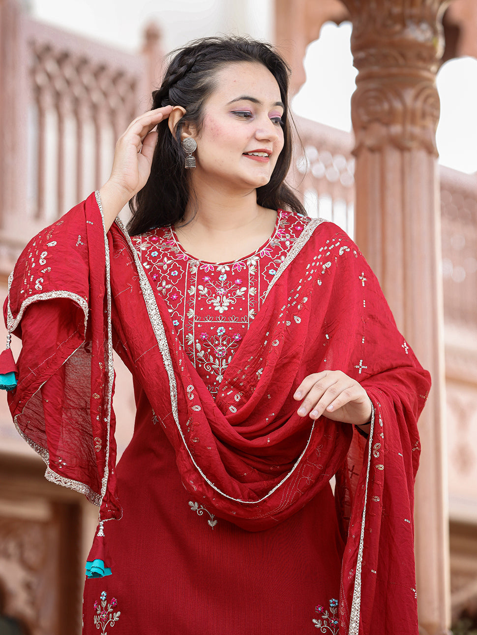 Kaajh Women's Red Rayon Embroidered Kurta Sharara Set With Dupatta | Grocsy