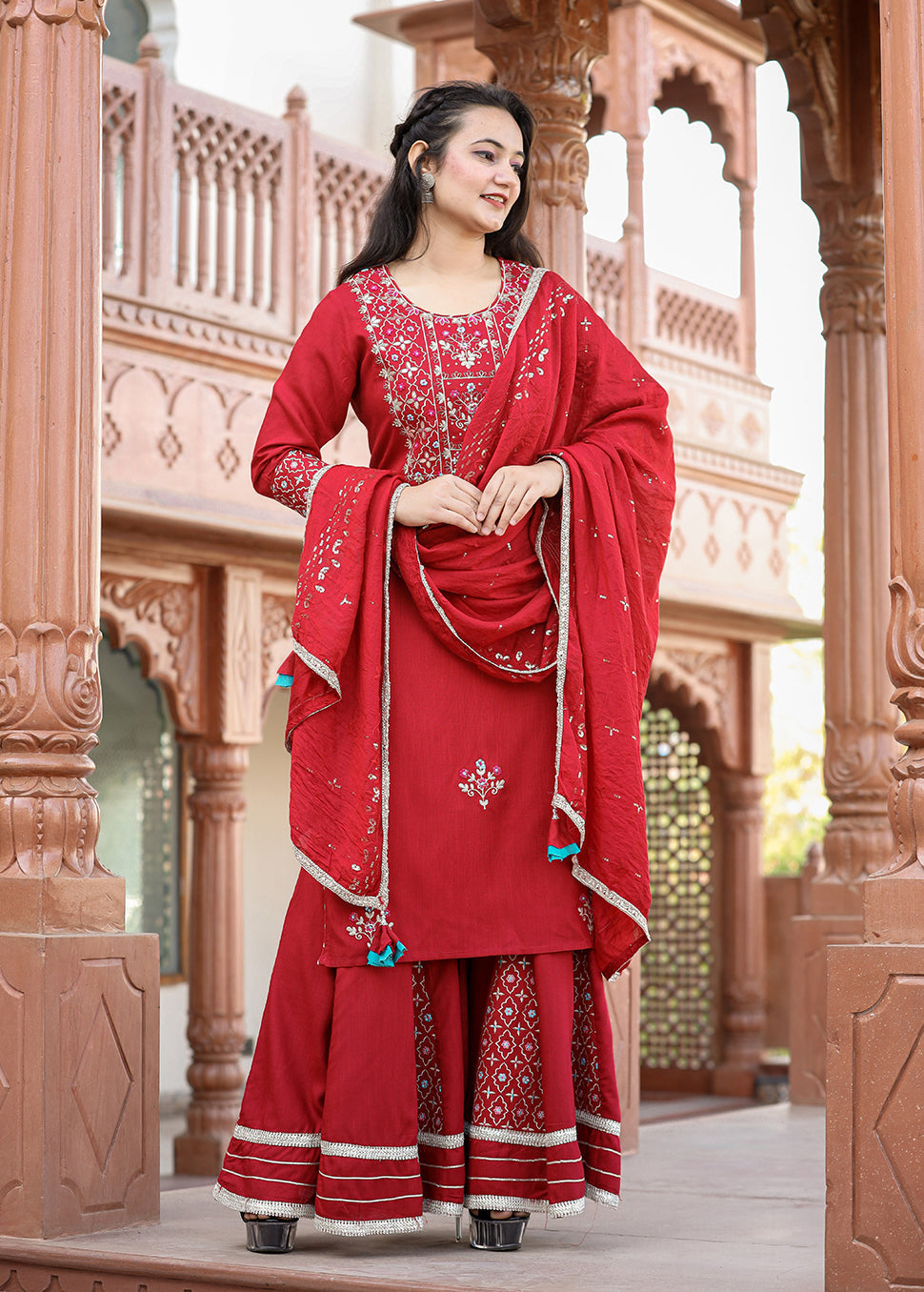 Kaajh Women's Red Rayon Embroidered Kurta Sharara Set With Dupatta | Grocsy