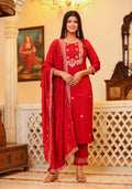 Kaajh Women's Red Rayon Embroidered Kurta Pant Set With Dupatta | Grocsy