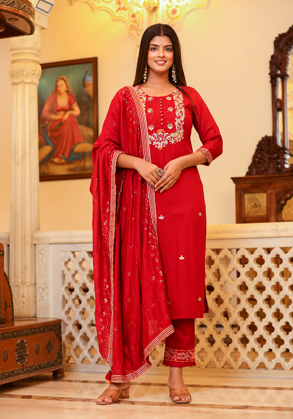 Kaajh Women's Red Rayon Embroidered Kurta Pant Set With Dupatta | Grocsy