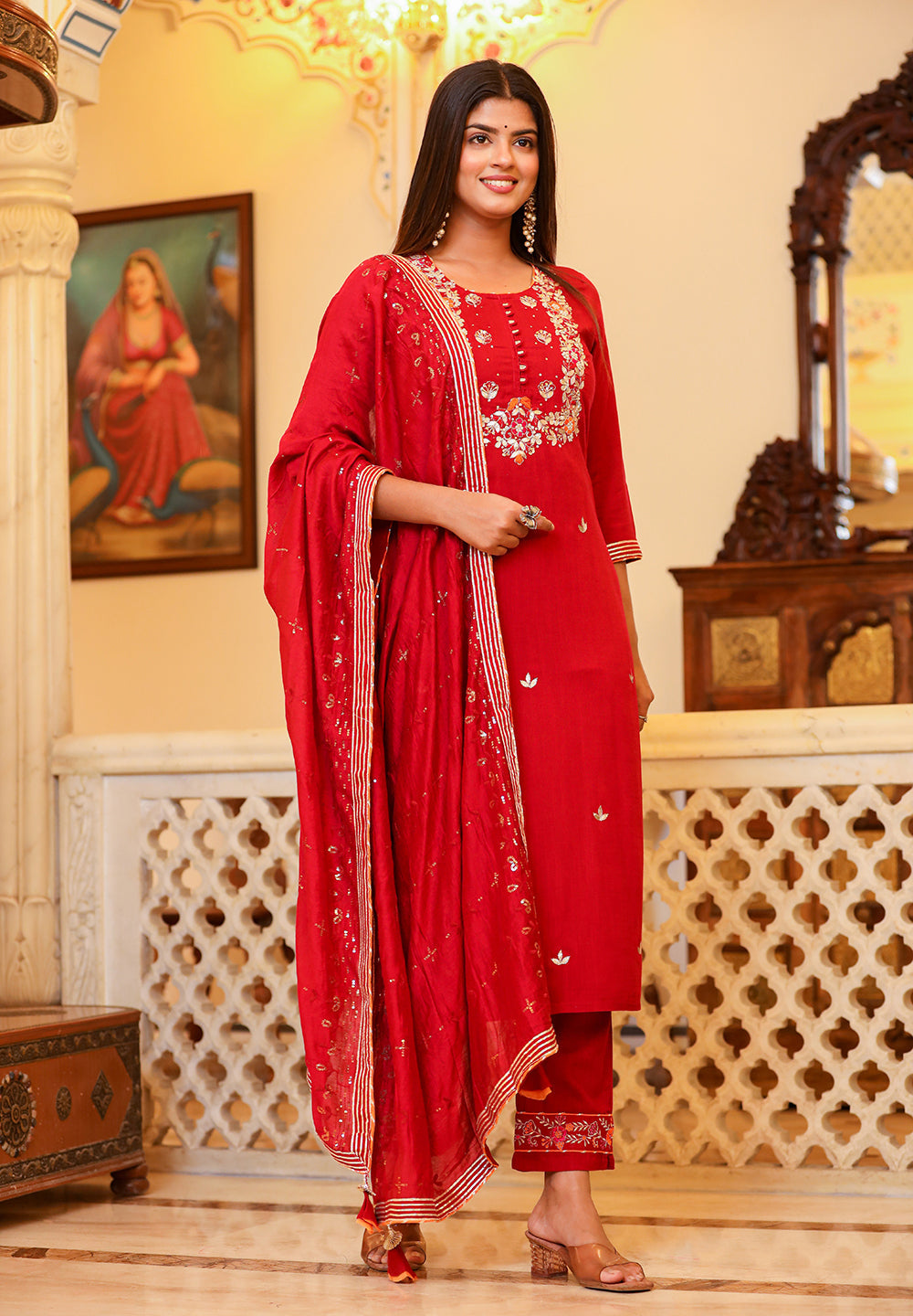 Kaajh Women's Red Rayon Embroidered Kurta Pant Set With Dupatta | Grocsy