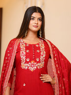 Kaajh Women's Red Rayon Embroidered Kurta Pant Set With Dupatta | Grocsy