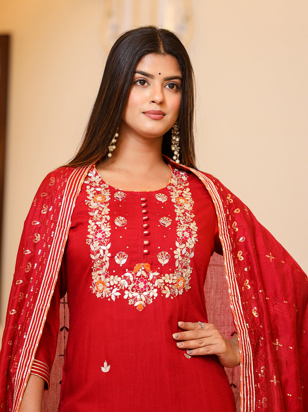 Kaajh Women's Red Rayon Embroidered Kurta Pant Set With Dupatta | Grocsy