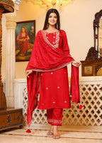Kaajh Women's Red Rayon Embroidered Kurta Pant Set With Dupatta | Grocsy