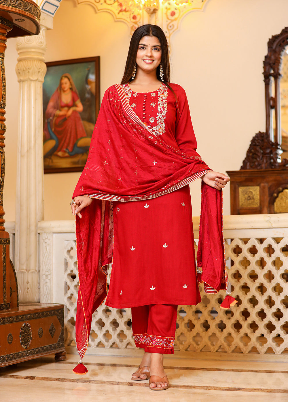 Kaajh Women's Red Rayon Embroidered Kurta Pant Set With Dupatta | Grocsy