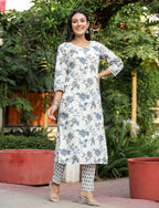 Kaajh Women's Grey Floral Print Cotton Kurta Pant Set | Grocsy