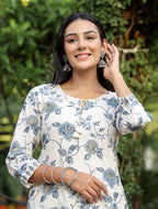 Kaajh Women's Grey Floral Print Cotton Kurta Pant Set | Grocsy