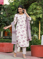 Kaajh Women's Light Purple Floral Print Cotton Kurta Pant Set With Dupatta | Grocsy