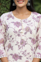 Kaajh Women's Light Purple Floral Print Cotton Kurta Pant Set With Dupatta | Grocsy