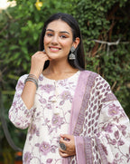 Kaajh Women's Light Purple Floral Print Cotton Kurta Pant Set With Dupatta | Grocsy