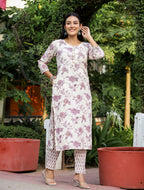 Kaajh Women's Light Purple Floral Print Cotton Kurta Pant Set With Dupatta | Grocsy