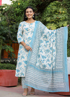 Kaajh Women's Sky Blue Floral Print Cotton Kurta Pant Set With Dupatta | Grocsy