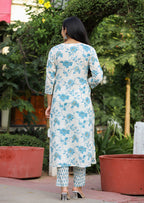 Kaajh Women's Sky Blue Floral Print Cotton Kurta Pant Set With Dupatta | Grocsy