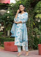 Kaajh Women's Sky Blue Floral Print Cotton Kurta Pant Set With Dupatta | Grocsy