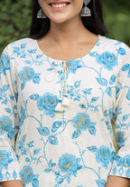 Kaajh Women's Sky Blue Floral Print Cotton Kurta Pant Set With Dupatta | Grocsy