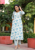 Kaajh Women's Sky Blue Floral Print Cotton Kurta Pant Set With Dupatta | Grocsy