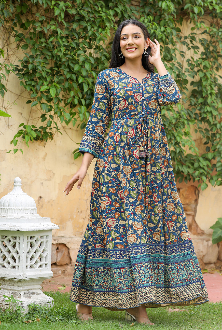 Kaajh Women's Blue Kalamkari Print Viscose Rayon Cord Set | Grocsy