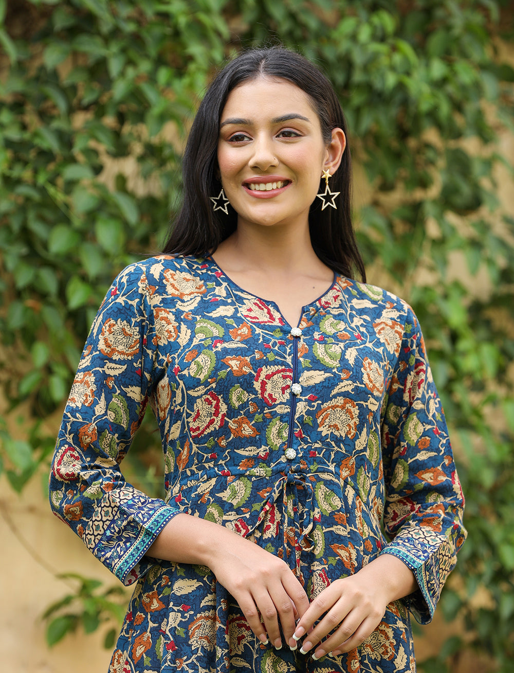 Kaajh Women's Blue Kalamkari Print Viscose Rayon Cord Set | Grocsy