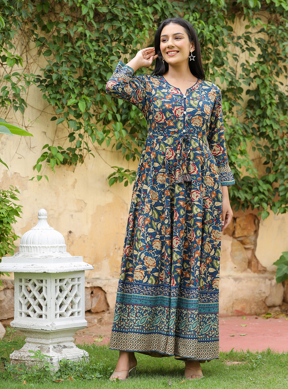Kaajh Women's Blue Kalamkari Print Viscose Rayon Cord Set | Grocsy