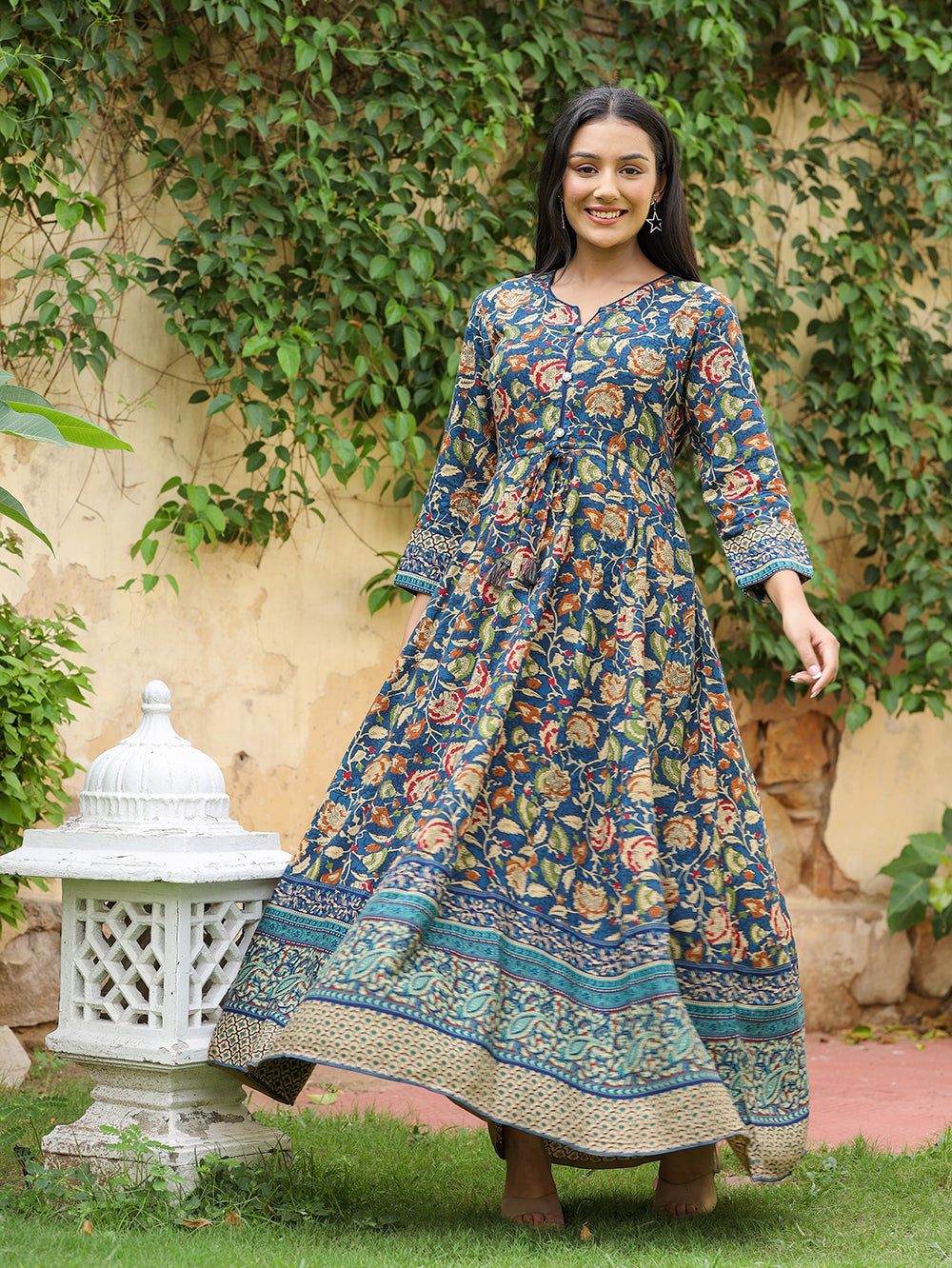 Kaajh Women's Blue Kalamkari Print Viscose Rayon Anarkali Dress | Grocsy