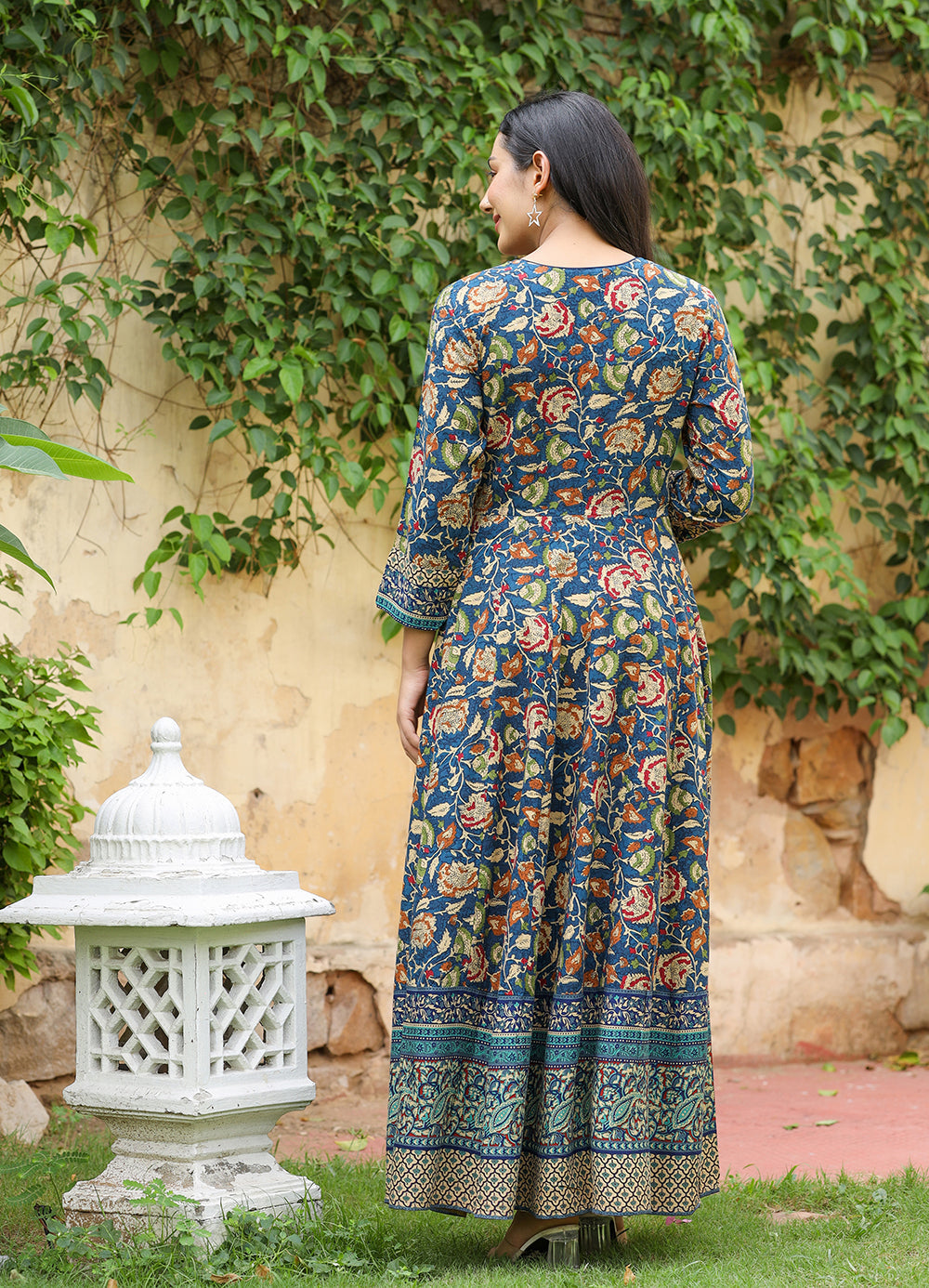 Kaajh Women's Blue Kalamkari Print Viscose Rayon Anarkali Dress | Grocsy
