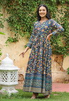 Kaajh Women's Blue Kalamkari Print Viscose Rayon Anarkali Dress | Grocsy