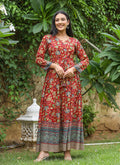 Kaajh Women's Maroon Kalamkari Print Viscose Rayon Anarkali Dress | Grocsy