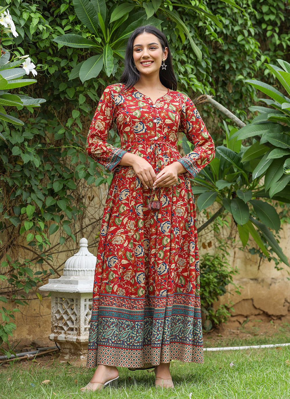 Kaajh Women's Maroon Kalamkari Print Viscose Rayon Anarkali Dress | Grocsy