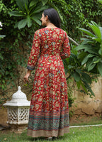 Kaajh Women's Maroon Kalamkari Print Viscose Rayon Anarkali Dress | Grocsy