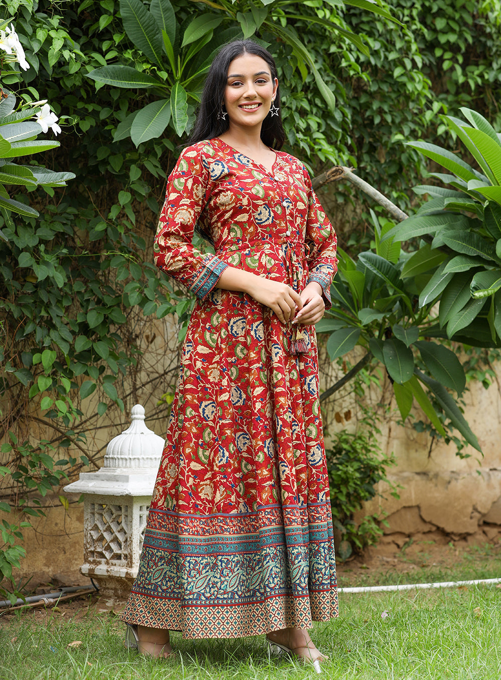 Kaajh Women's Maroon Kalamkari Print Viscose Rayon Anarkali Dress | Grocsy