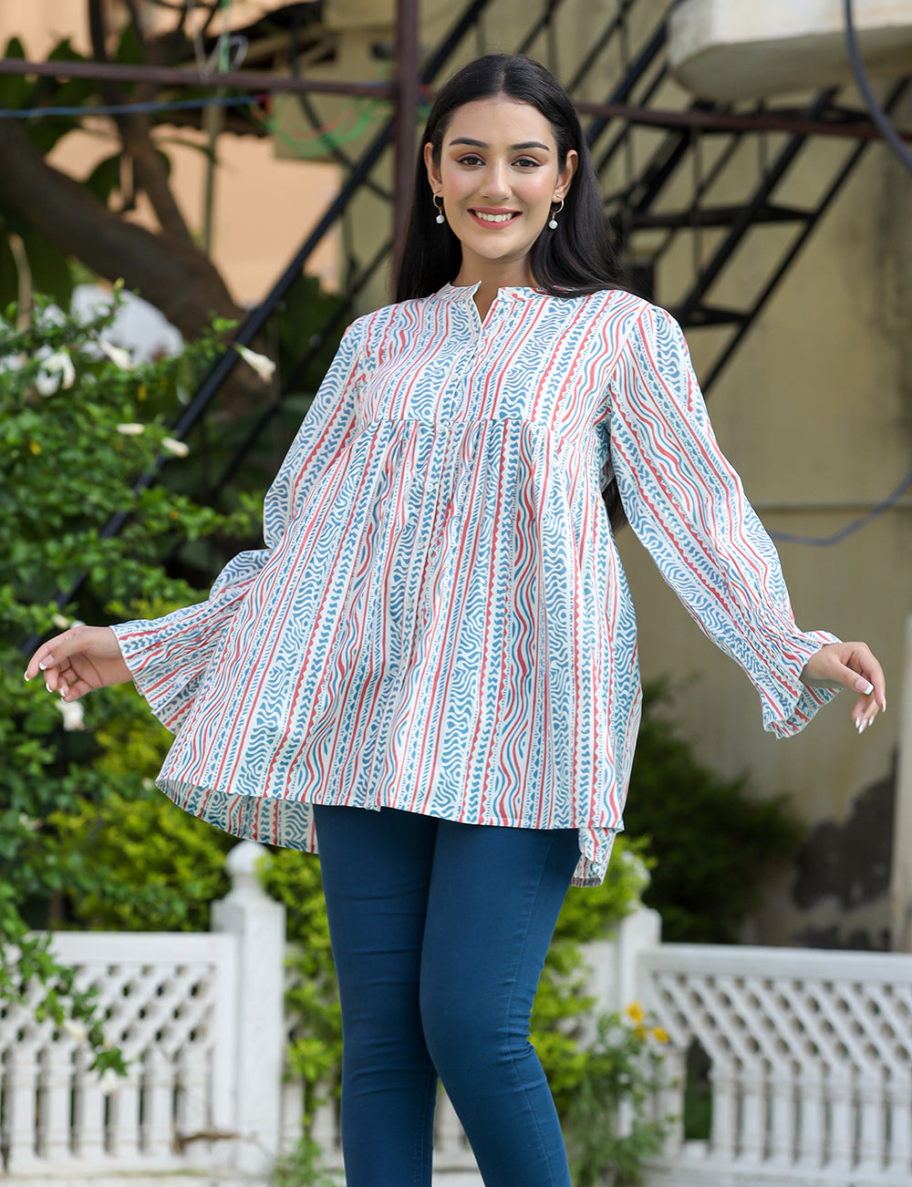 Kaajh Women's White Blue Printed Cotton Top | Grocsy
