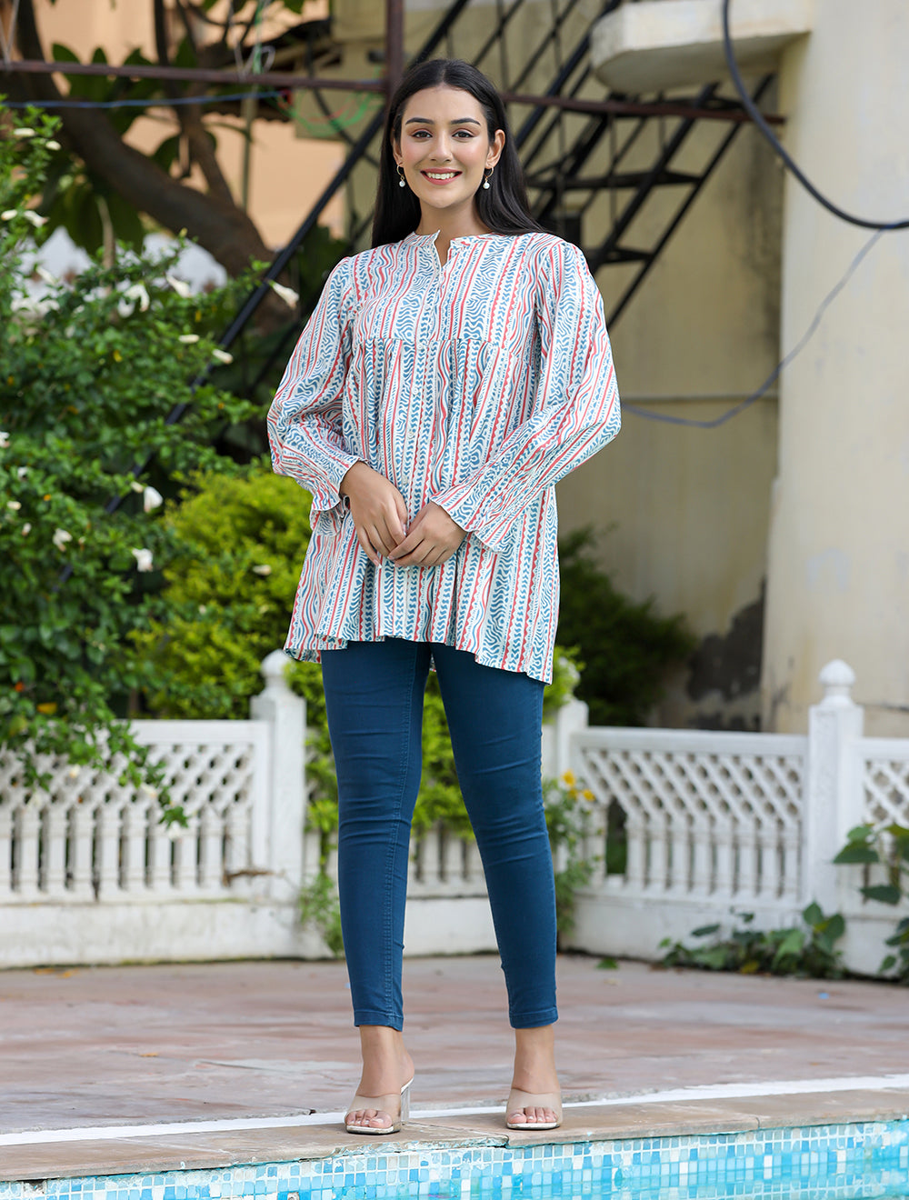 Kaajh Women's White Blue Printed Cotton Top | Grocsy