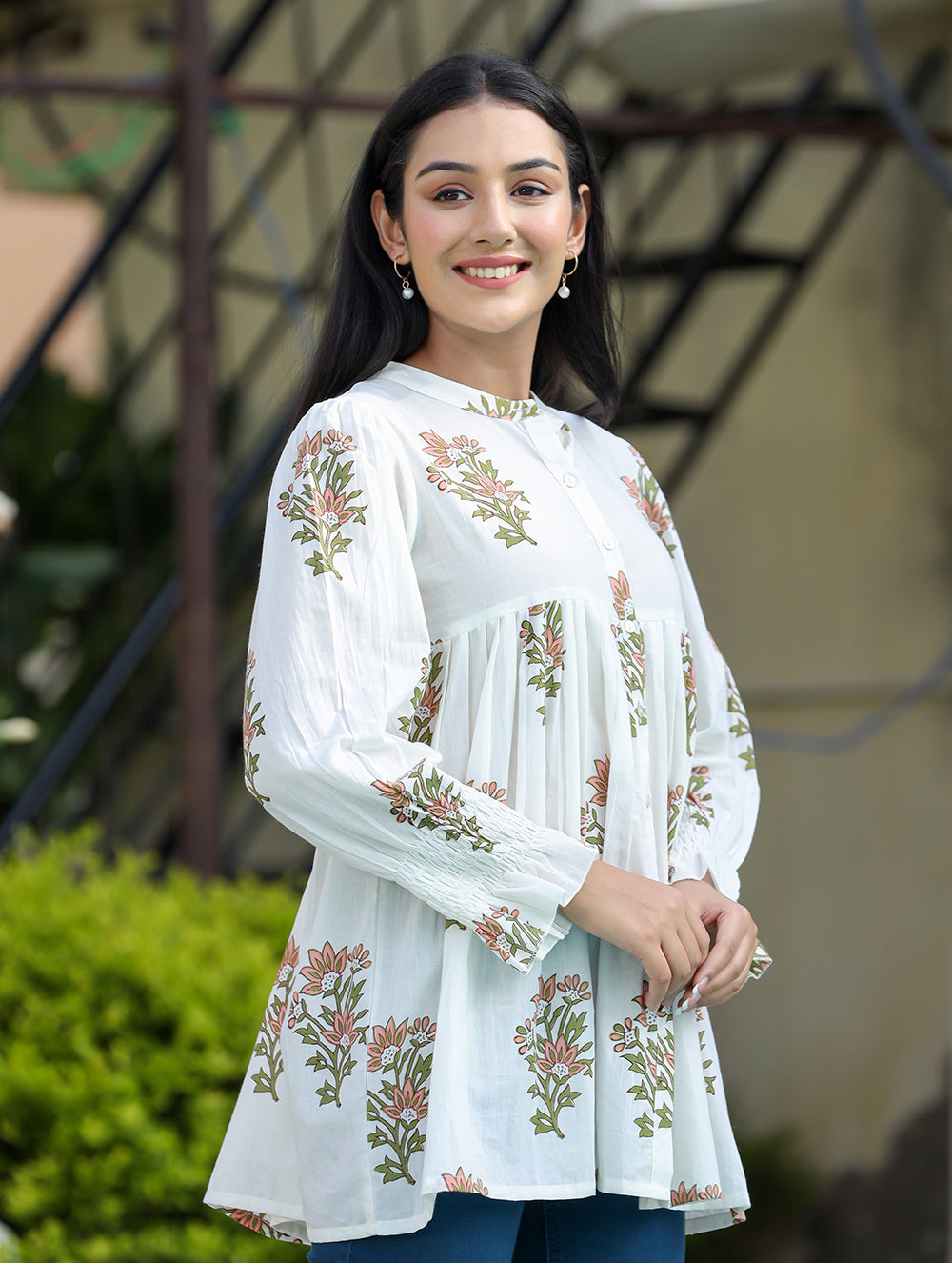 Kaajh Women's White Floral Printed Cotton Top | Grocsy