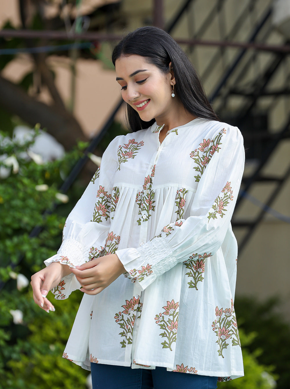 Kaajh Women's White Floral Printed Cotton Top | Grocsy