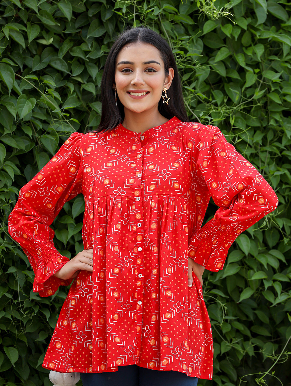 Kaajh Women's Red Printed Cotton Top | Grocsy