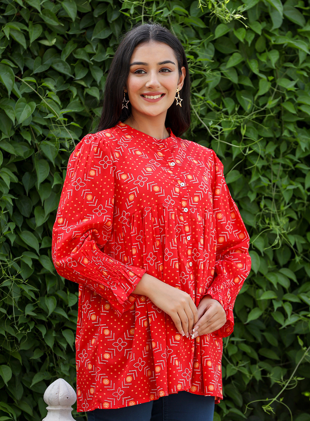 Kaajh Women's Red Printed Cotton Top | Grocsy